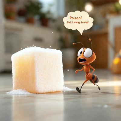 The primary subject of the image is a small ant walking on a table. The setting is a kitchen, with a potted plant visible in the background. The visual style is a digital illustration, giving the scene a cartoon-like appearance. The colors are predominantly shades of brown and white, creating a warm and natural atmosphere.